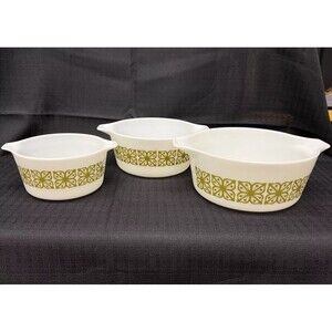 Vintage Pyrex Verde Cinderella Casserole Set 473 474 475 No Lids Mixing Bowls